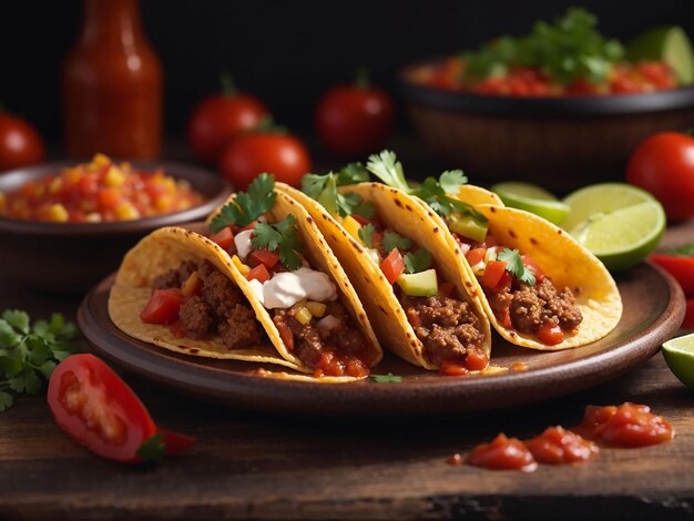 Photo mexican tacos with beef in tomato sauce and salsa