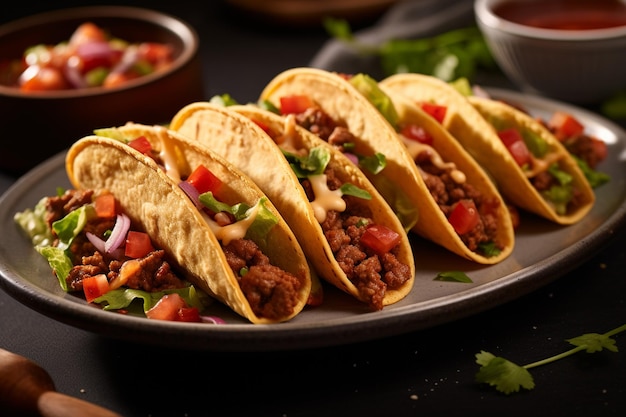 Mexican tacos with beef in tomato sauce and salsa