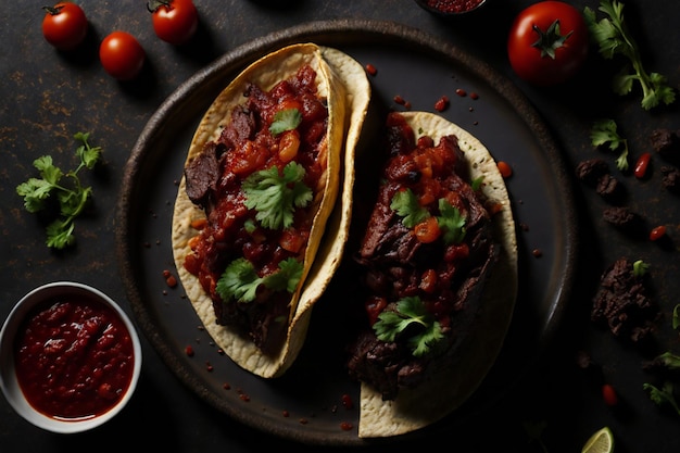 mexican tacos with beef in tomato sauce and salsa