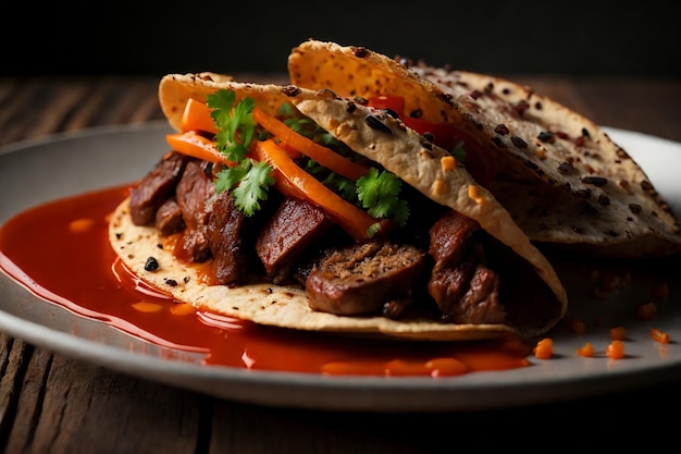 mexican tacos with beef in tomato sauce and salsa