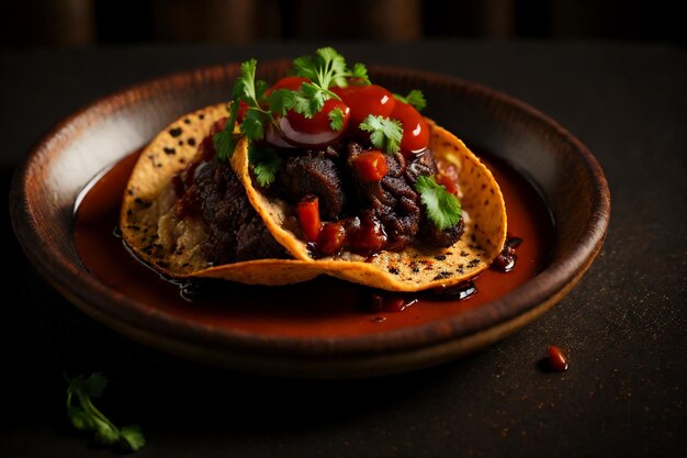 mexican tacos with beef in tomato sauce and salsa