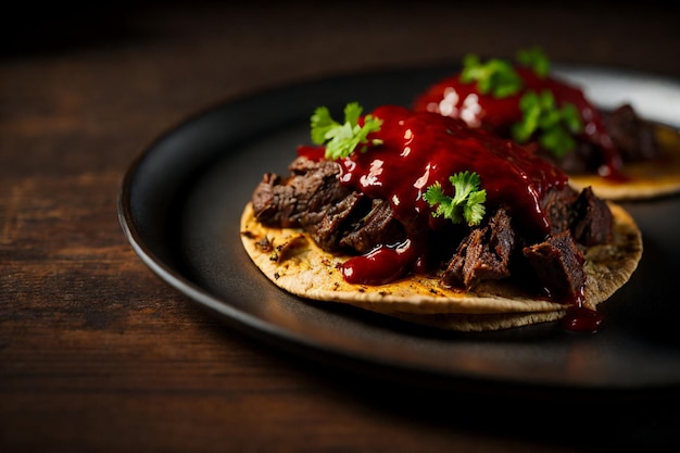 mexican tacos with beef in tomato sauce and salsa