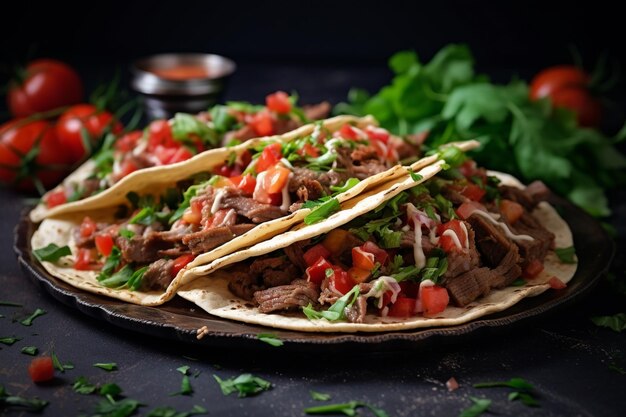 Mexican tacos with beef in tomato sauce and salsa