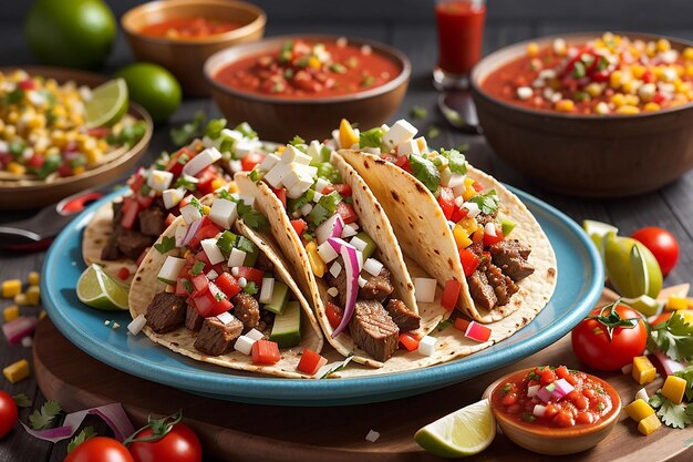 Mexican tacos with beef in tomato sauce and salsatacos vegetables