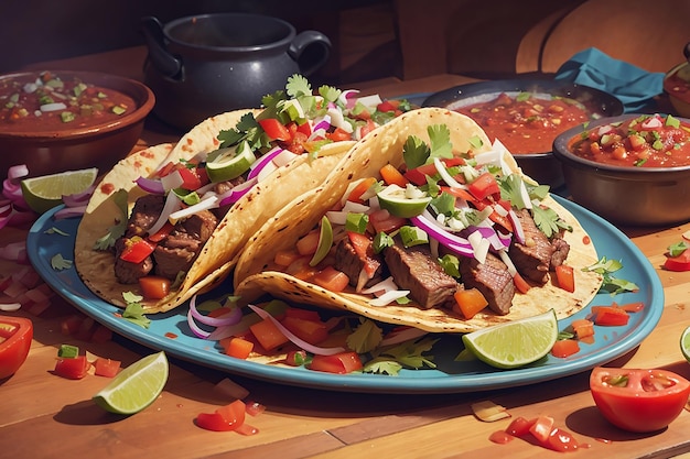 mexican tacos with beef in tomato sauce and salsaTacos vegetables