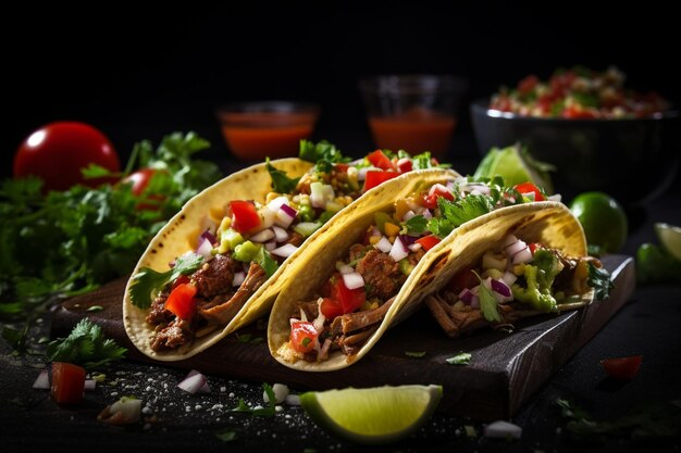 Mexican tacos with beef tomatoes avocado chilli and onions isolated