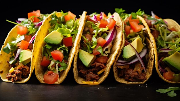 Mexican tacos with beef tomatoes avocado chilli and onions