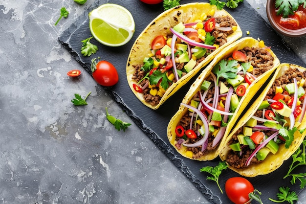 mexican tacos with beef tomatoes onions and others on white background