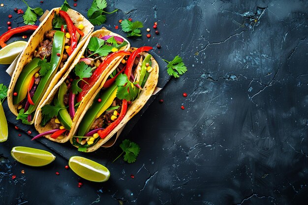 Mexican tacos with beef vegetables and salsa on dark background Top view