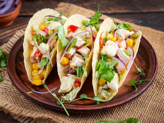 Mexican tacos with chicken meat corn and salsa Healthy tacos Diet menu Mexican taco