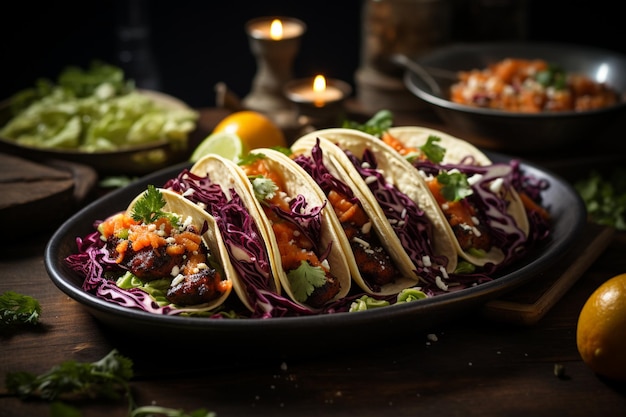 Mexican tacos with coleslaw and guacamole on wooden background