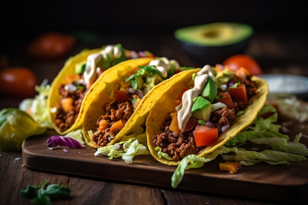 Mexican tacos with meat avocado and vegetables on a wooden table