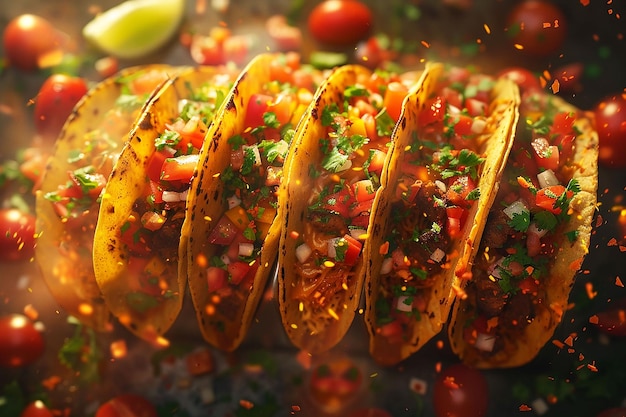 Mexican tacos with meat beans and salsa Top view