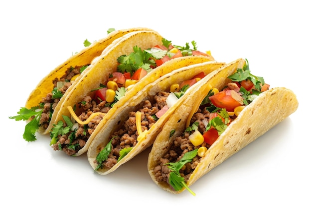 Mexican tacos with meat and fresh vegetables isolated on white background