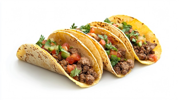 白い背景に肉とサルサを分離したメキシコのタコ