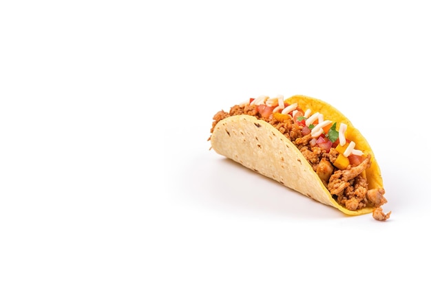 Mexican tacos with meat and vegetables isolated on white background with copy space