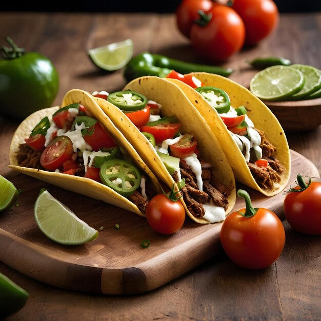 A mexican tacos on a wood chopper tomatos jalapeno lime next to it closeup