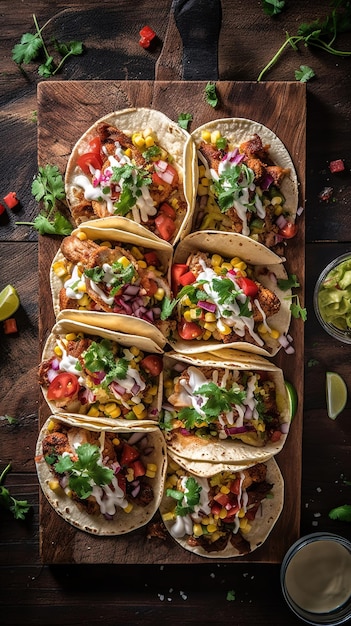 mexican tacos on a wooden cutting board