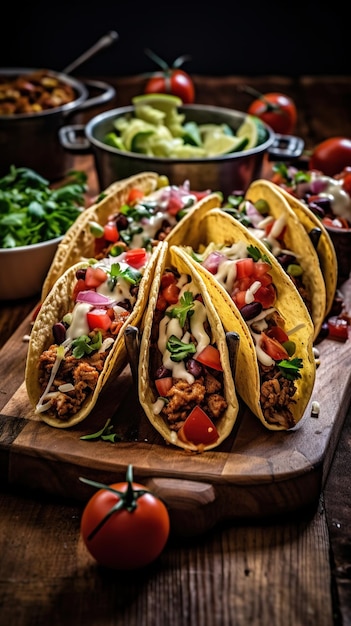 mexican tacos on a wooden cutting board