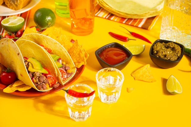 Mexican tequila shots with lime and hot red chili with traditional food corn tacos on the background