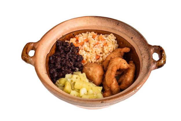 Mexican tradition dish Cazuela with fried chicken, beans rice and potato on white background side vi