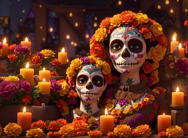 Mexican traditional Day of the Dead table with colorful skulls candles and flowers