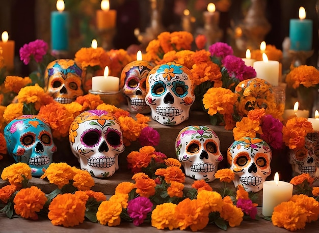 Mexican traditional day of the dead table with colorful skulls candles and flowers