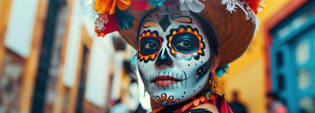 Mexican woman celebrating Day of The Death by painting horrifying skull theme on face