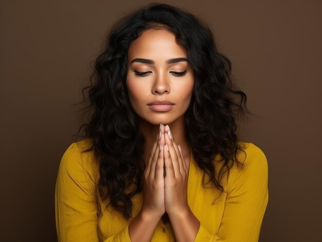 Mexican woman in emotional dynamic pose on solid background