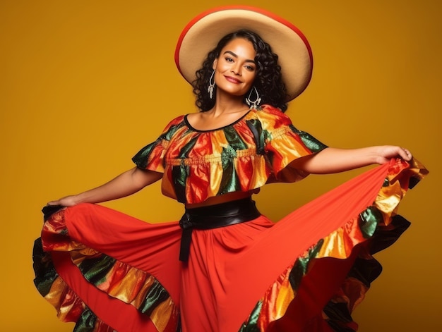 Mexican woman in emotional dynamic pose on solid background