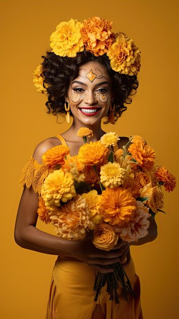 Mexican woman holding flower bouquet florist in day of the dead