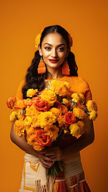 Mexican woman holding flower bouquet florist in day of the dead