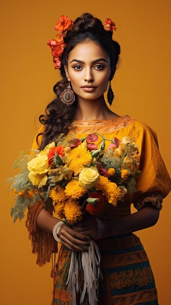 Mexican woman holding flower bouquet florist in day of the dead