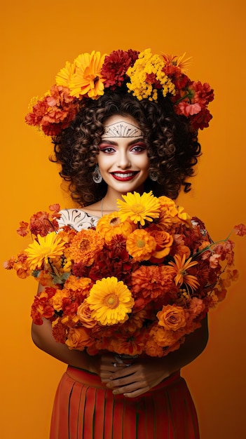 Mexican woman holding flower bouquet florist in day of the dead