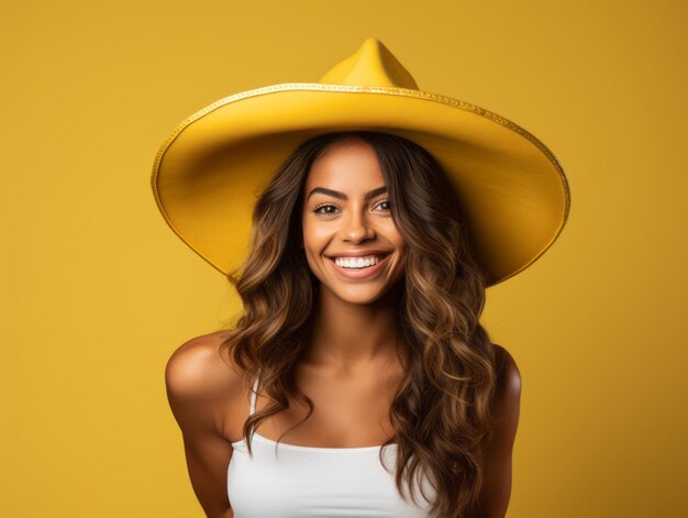 Mexican woman in playful pose on solid background