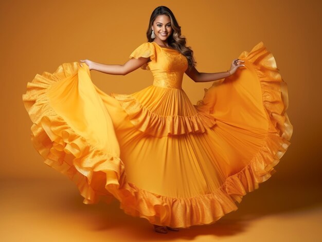 Mexican woman in playful pose on solid background