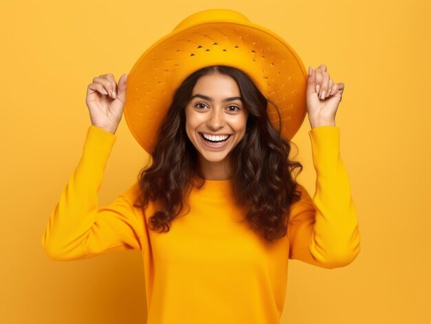 Mexican woman in playful pose on solid background