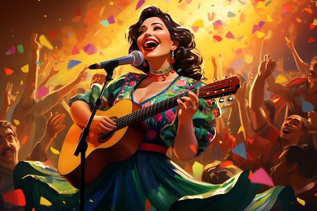 Mexican woman playing guitar and singing on Cinco de Mayo holiday