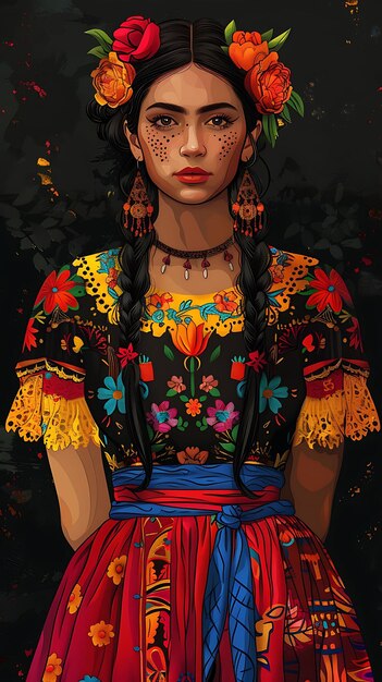 Mexican Woman Portrait Wearing a Traditional Huipil Blouse a Tshirt Design Art Tattoo Ink Frames