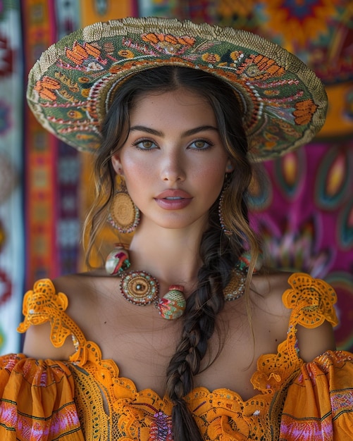 Photo a mexican woman in whimsical bohemian background