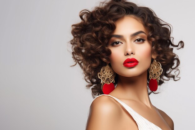 Mexican woman with red lips curly hair wears earrings and white dress Background with copy space