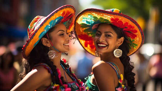 メキシコ の 伝統 的 な 服装 を 着 て 笑顔 と 踊り を 披露 し て いる メキシコ の 女性 たち