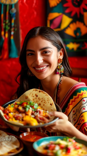 Foto giovane donna messicana con un piatto di cibo messicano colori vivaci