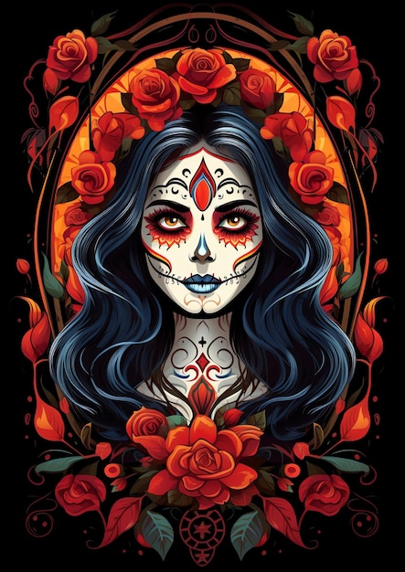 mexicana schedeldame met lang haar Mexicaanse dia de muertos dag van de dode aquarelrand