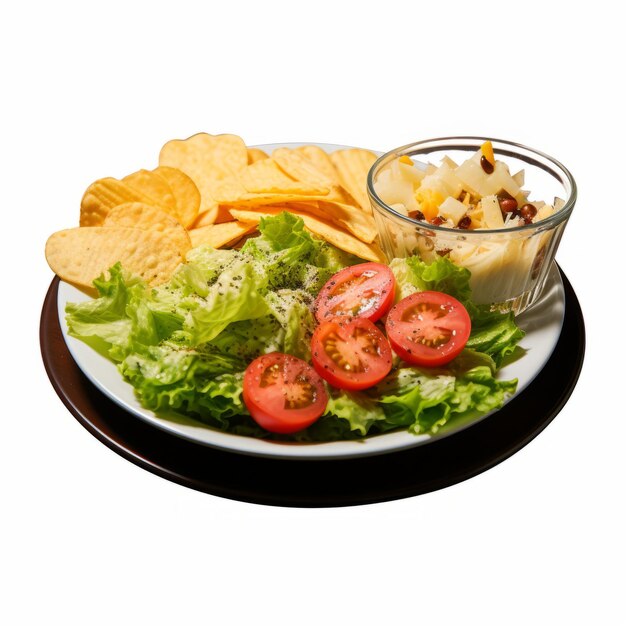 Foto piatto snack fusion mexicanamerican con insalata e patatine