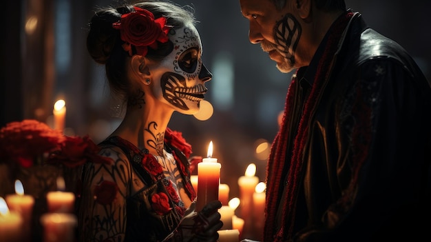 Mexicans celebrate the Day of the Dead skull painted on face