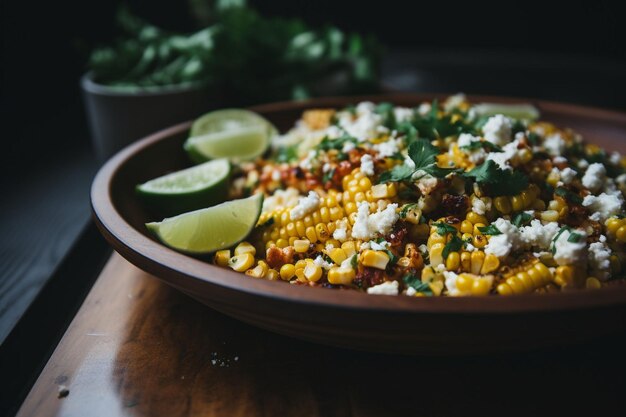 Foto insalata di mais in stile messicano con formaggio cotija e polvere di peperoncino