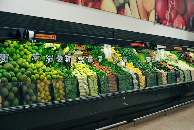 Mexico cancun junuary 2020 Big shelf in supermarket with fresh vegetables