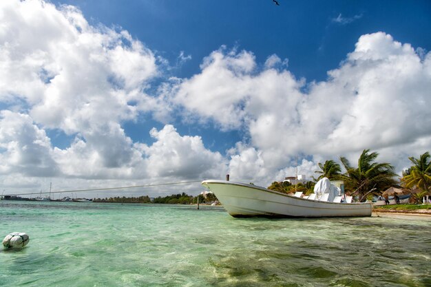 Mexico, Costa Maya - February 1, 2016: white motor boat in transparent blue sea or ocean water at sand beach with green palms tourist tropical resort on sunny summer day on cloudy sky