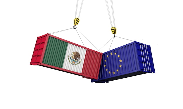 Mexico en Europa handelsoorlog concept botsende vrachtcontainers d render